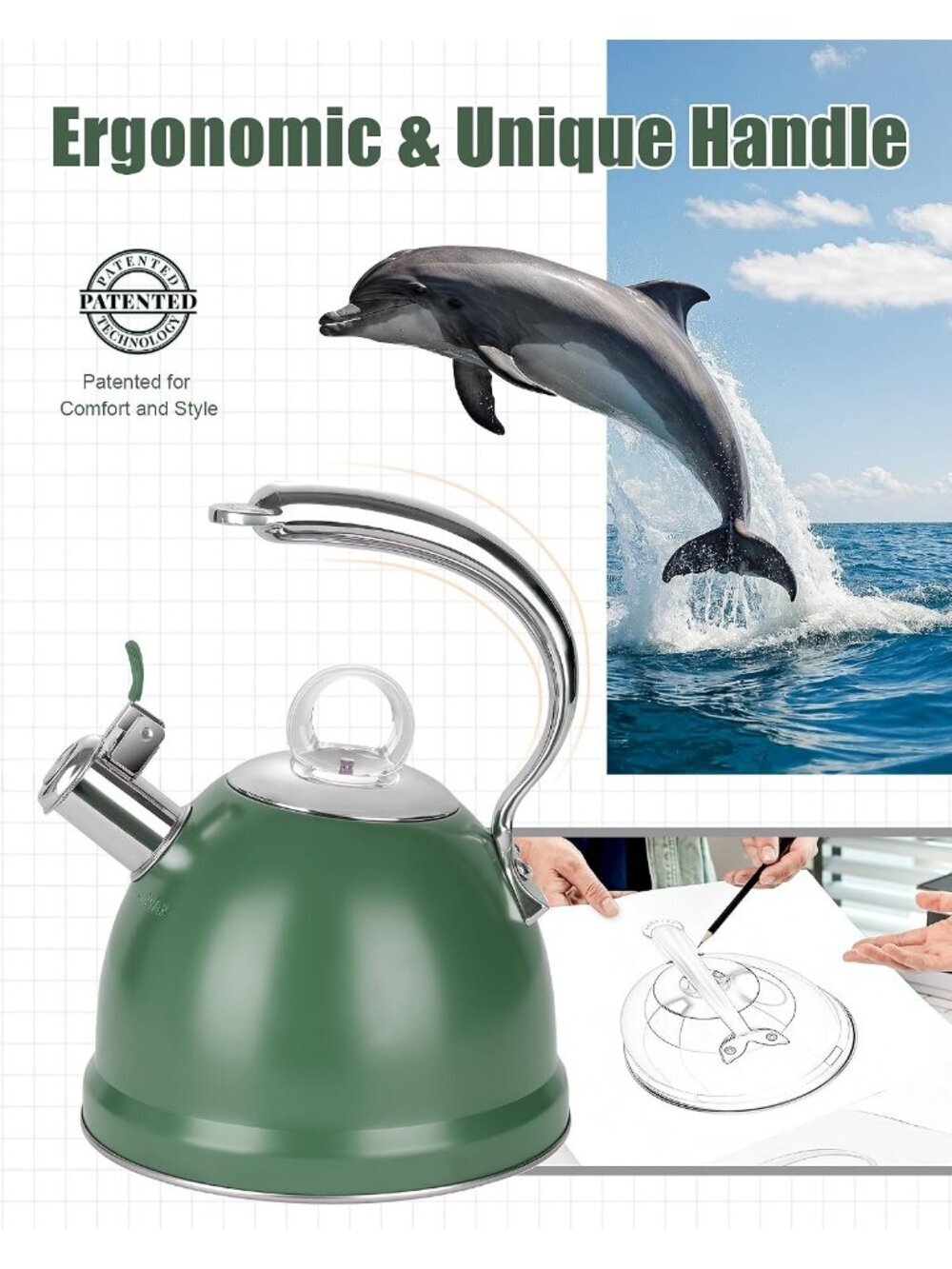 2.5 Qt Stainless Steel Whistling Tea Kettle for Gas, Electric Induction Green - Picture 2 of 7